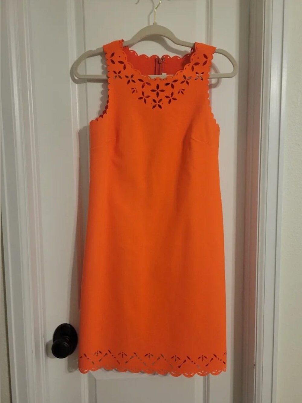 Bright Orange Floral Laser Cut Scalloped Sheath Dress